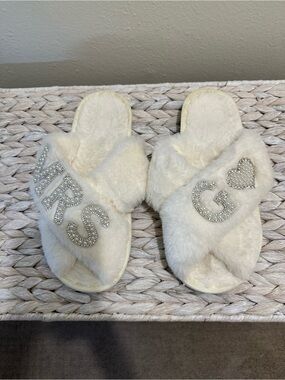 Plush White Rhinestone Letter Slippers